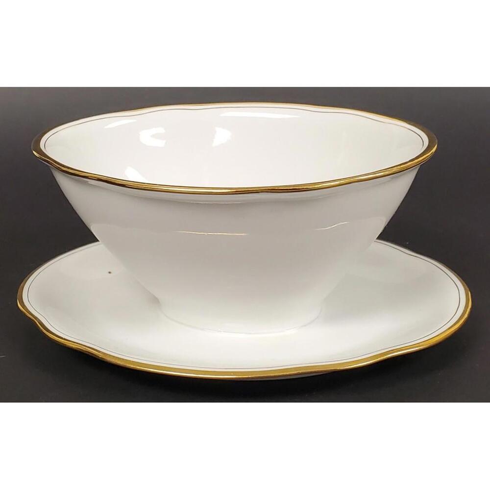 Vintage Ba'Aria Bavaria Gravy Boat with Attached Underplate Gold Rim Scalloped